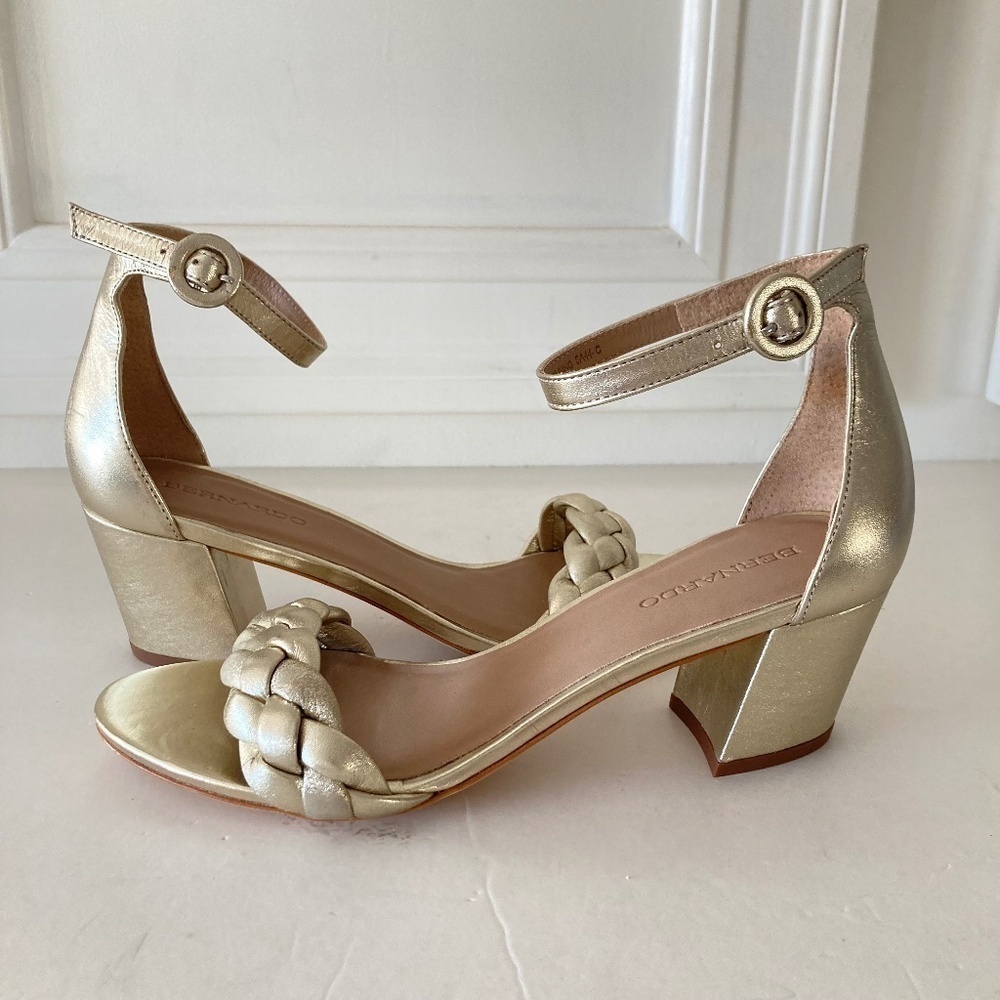 NWOT Bernardo Anthropologie Bethany Gold Braided Strap Heels Sz 9.5